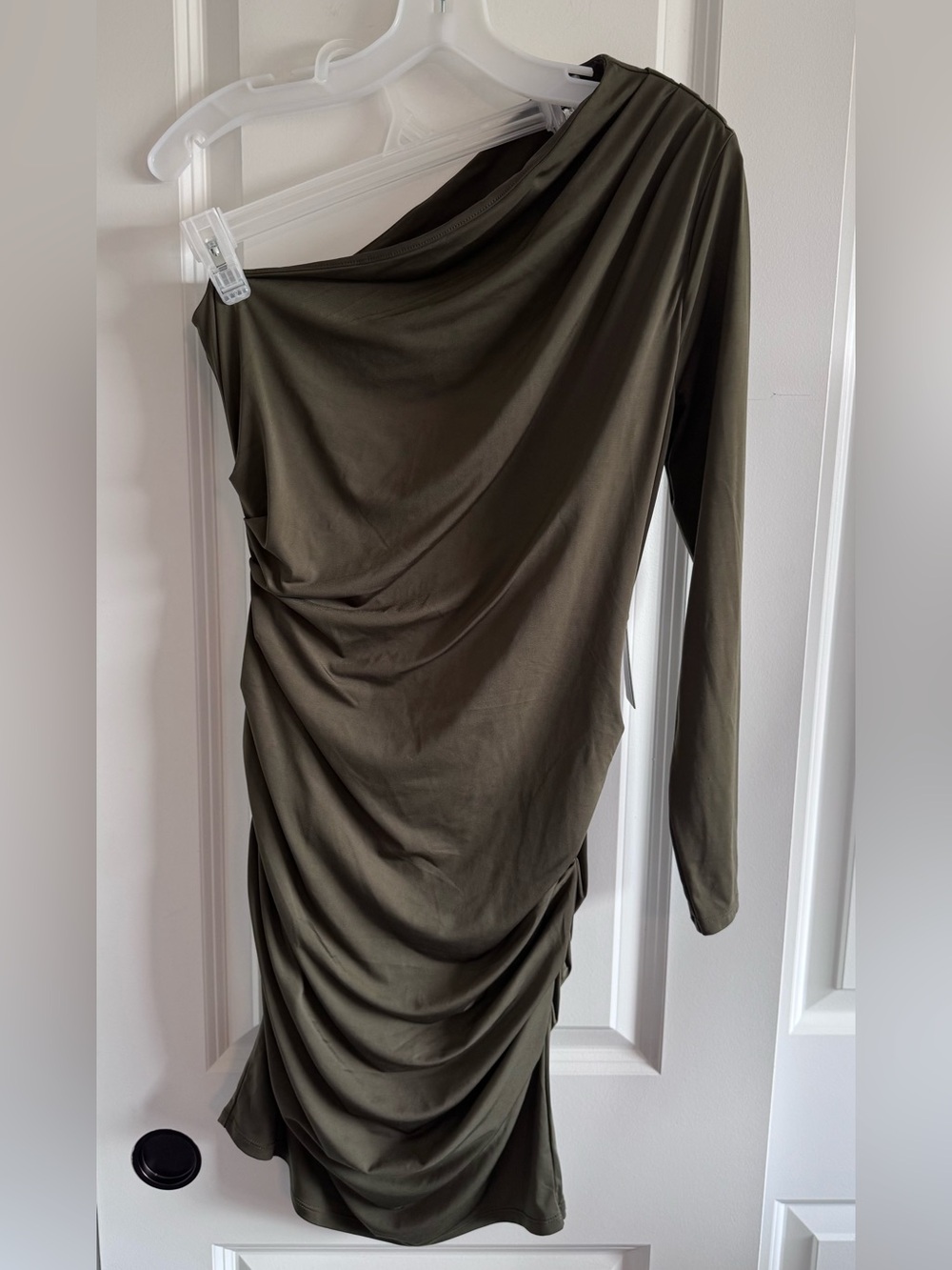 Express Body Contour One-Shoulder Ruched Mini Dress in olive green